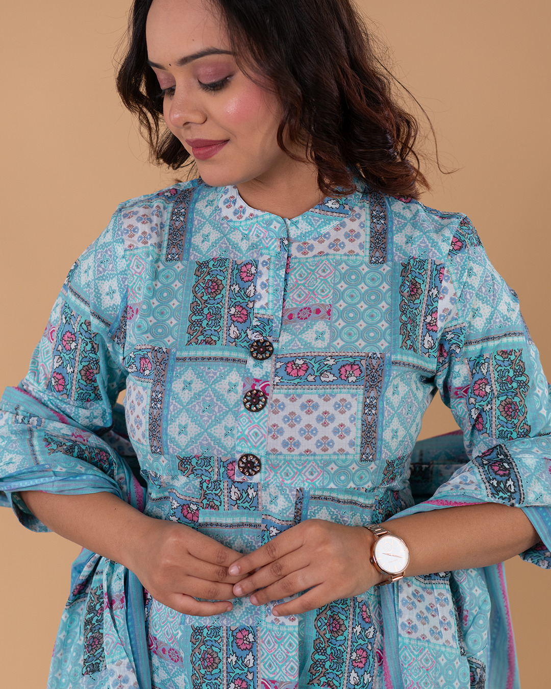 Aqua Blue Printed Cotton Kurta with Decorative Buttons – Everyday Ethnic Wear