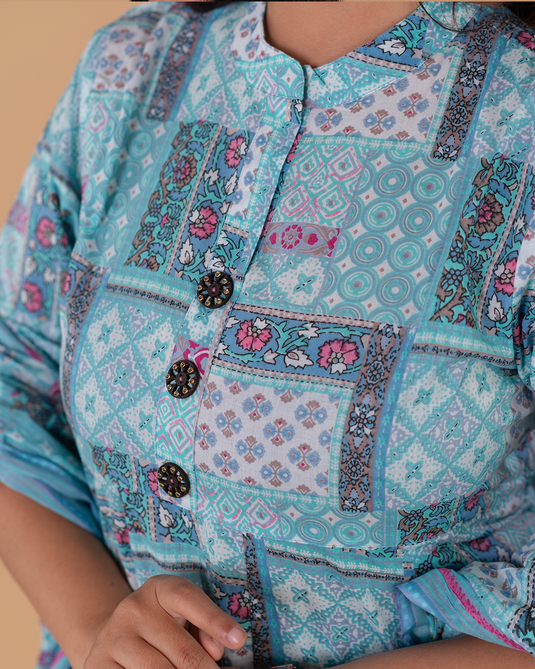 Aqua Blue Printed Cotton Kurta with Decorative Buttons – Everyday Ethnic Wear