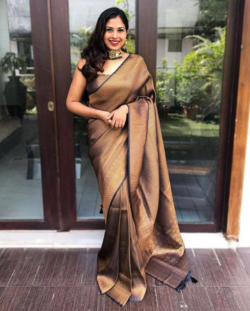 Black and Antique Gold Woven Silk Blend Saree with Tasselled Pallu