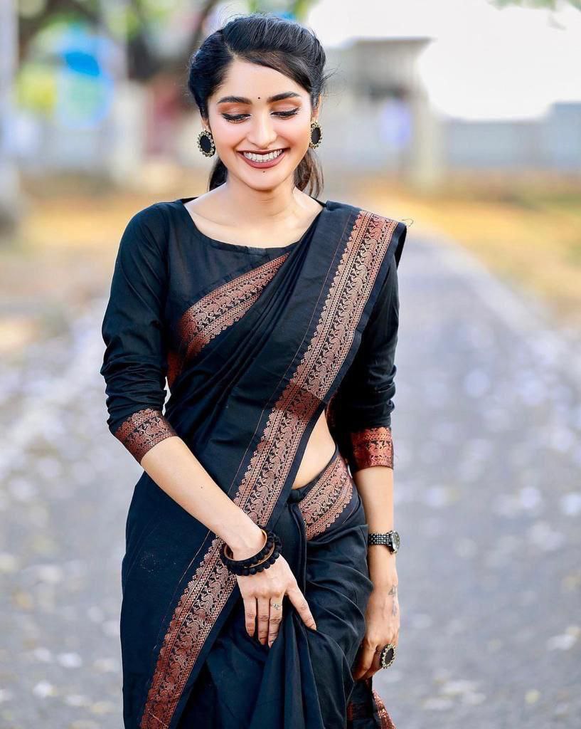 Classic Black Silk Blend Saree with Copper Woven Border and Striped Pallu