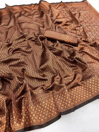 Black and Antique Gold Woven Silk Blend Saree with Tasselled Pallu
