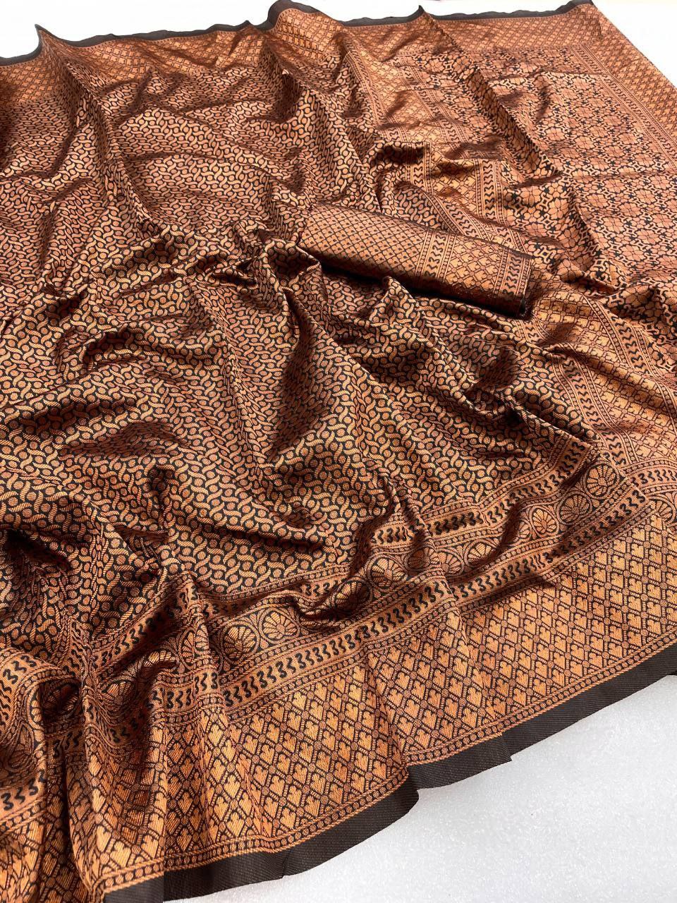 Black and Antique Gold Woven Silk Blend Saree with Tasselled Pallu