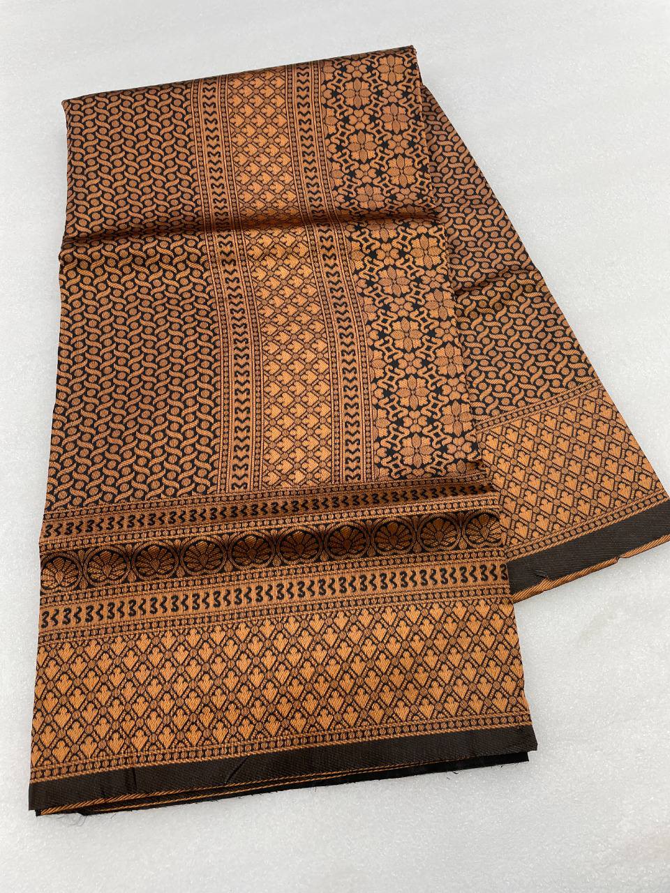 Black and Antique Gold Woven Silk Blend Saree with Tasselled Pallu