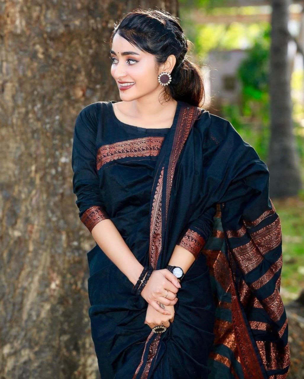 Classic Black Silk Blend Saree with Copper Woven Border and Striped Pallu