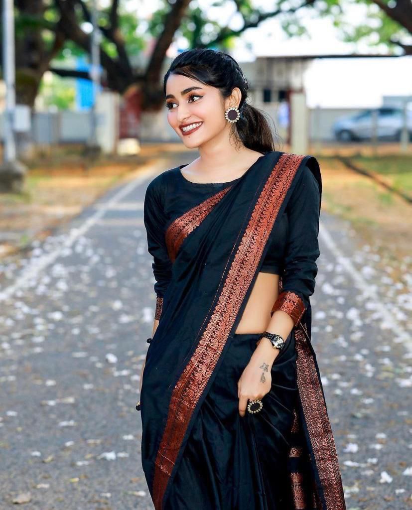 Classic Black Silk Blend Saree with Copper Woven Border and Striped Pallu