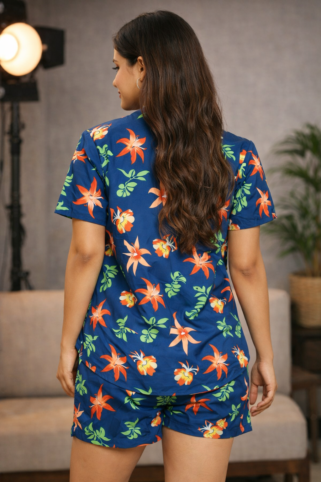 Blue & Multi color Floral Rayon Shirt and Shorts Co-ord Set