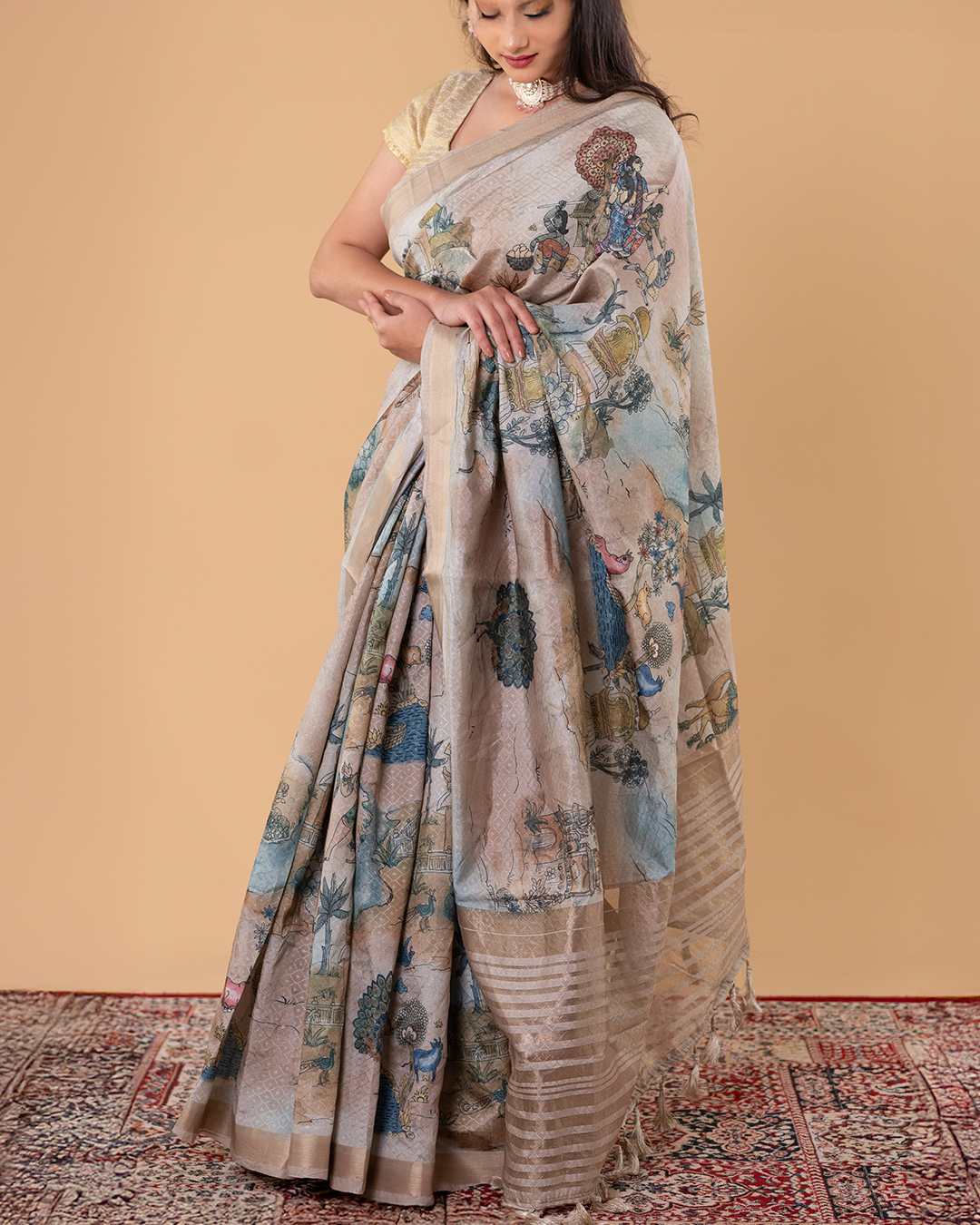 Heritage Print Saree with Artistic Motifs & Subtle Border