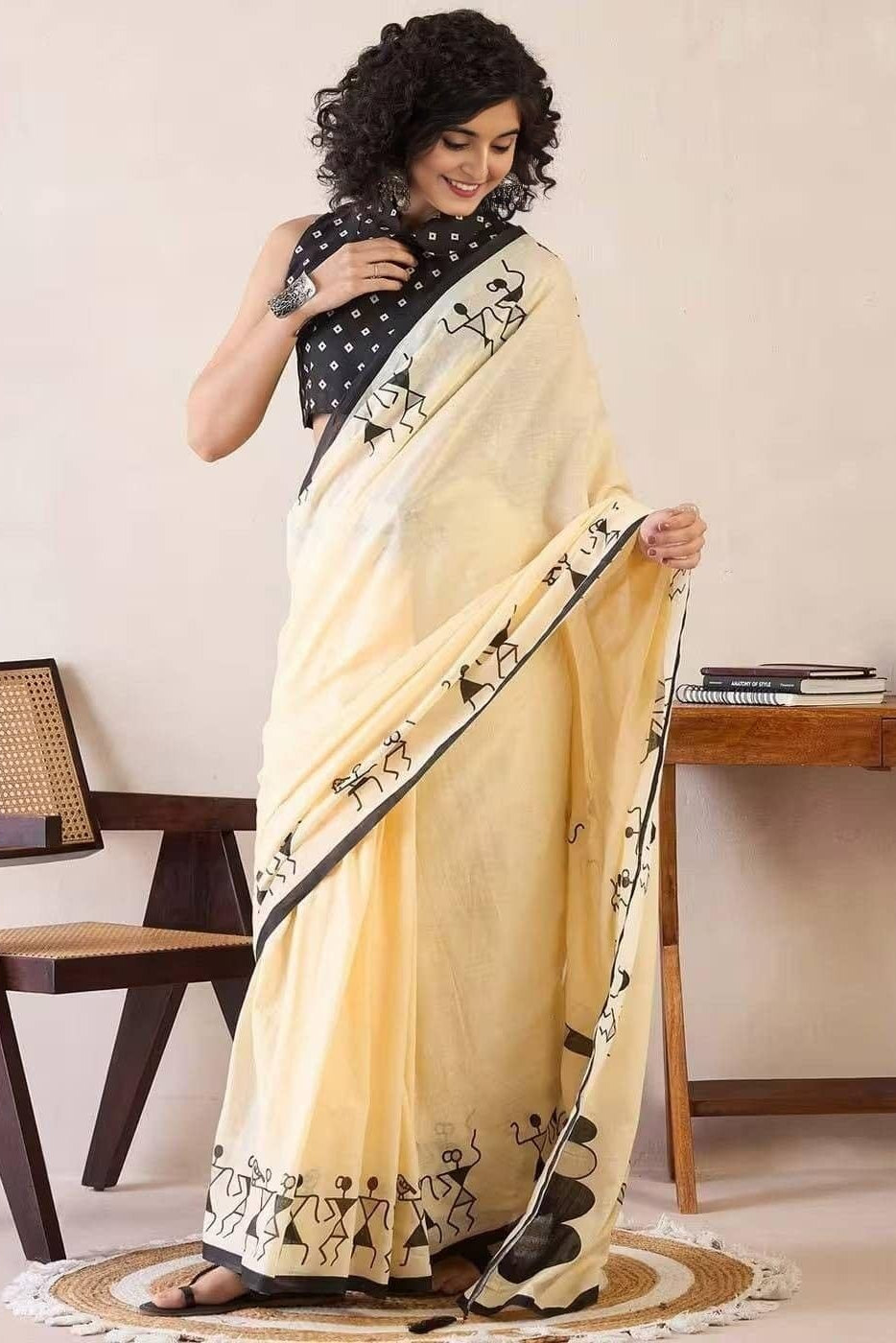 Elegant Beige Linen Cotton Saree with Artistic Warli Tribal Print Border
