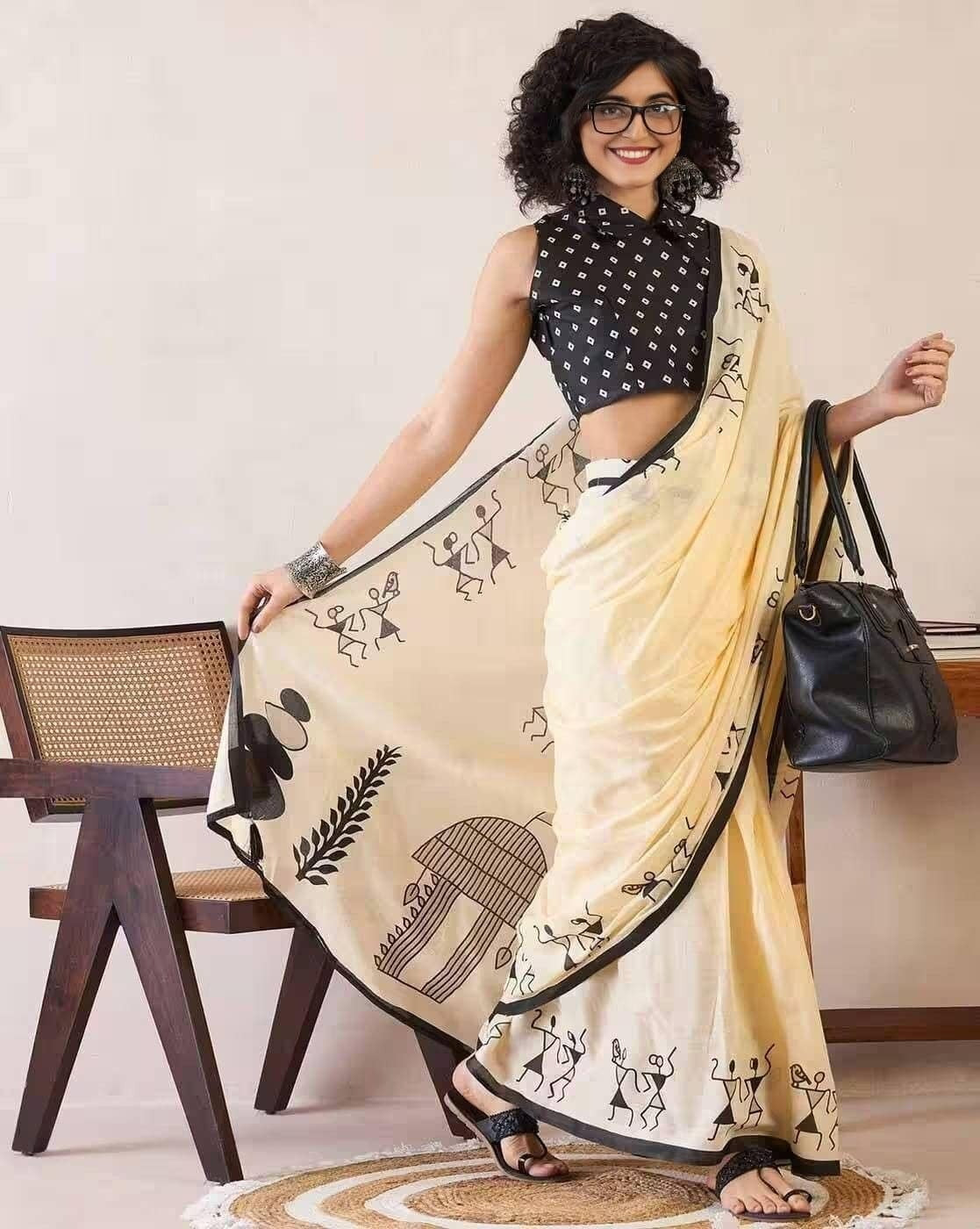 Elegant Beige Linen Cotton Saree with Artistic Warli Tribal Print Border