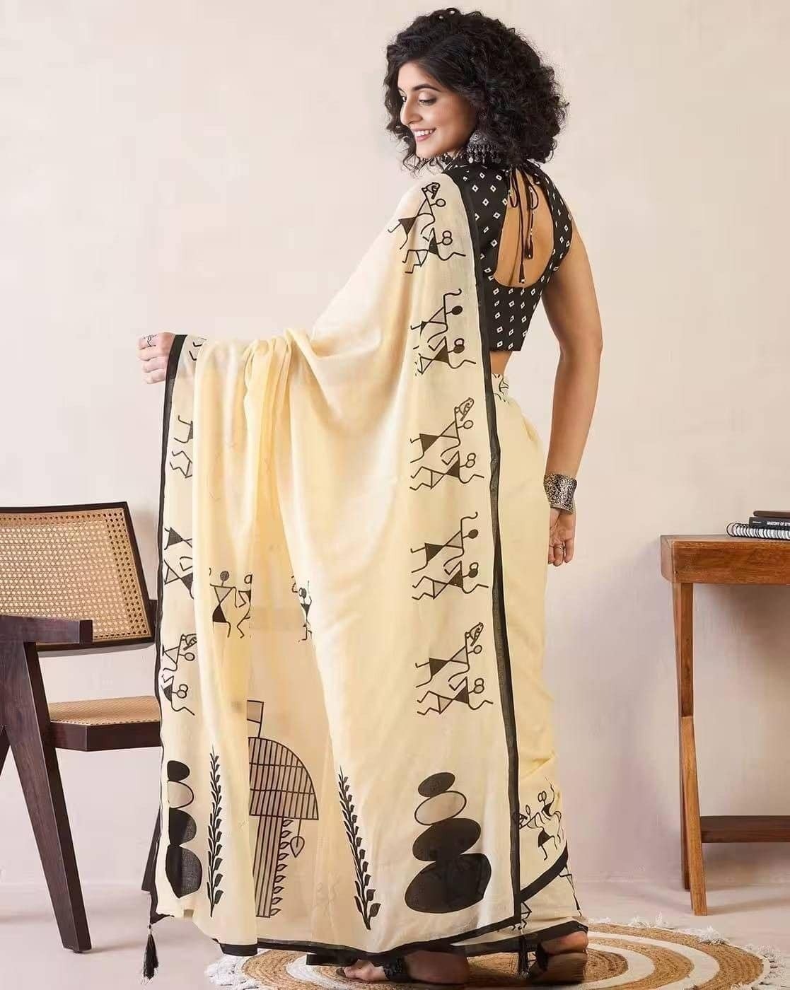 Elegant Beige Linen Cotton Saree with Artistic Warli Tribal Print Border