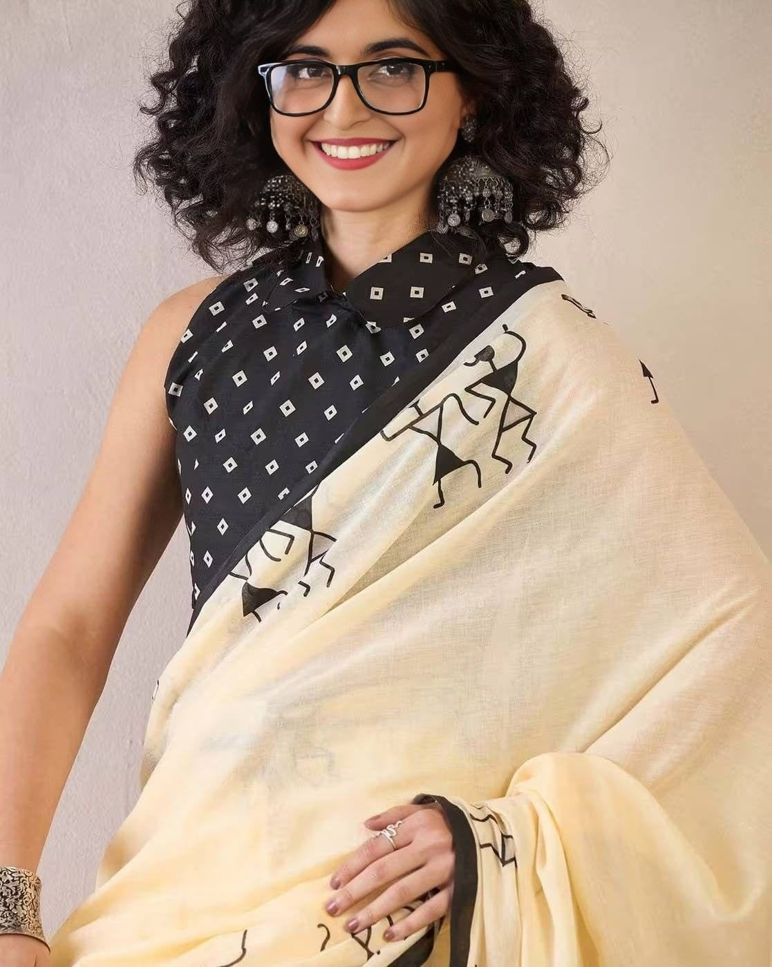 Elegant Beige Linen Cotton Saree with Artistic Warli Tribal Print Border