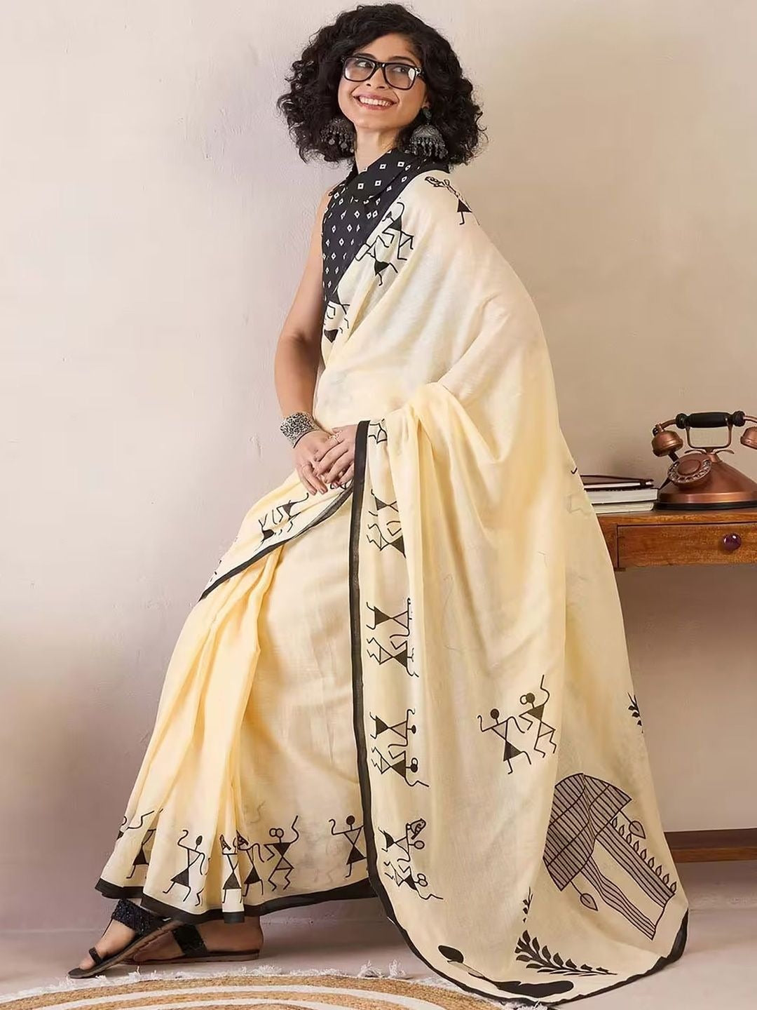 Elegant Beige Linen Cotton Saree with Artistic Warli Tribal Print Border