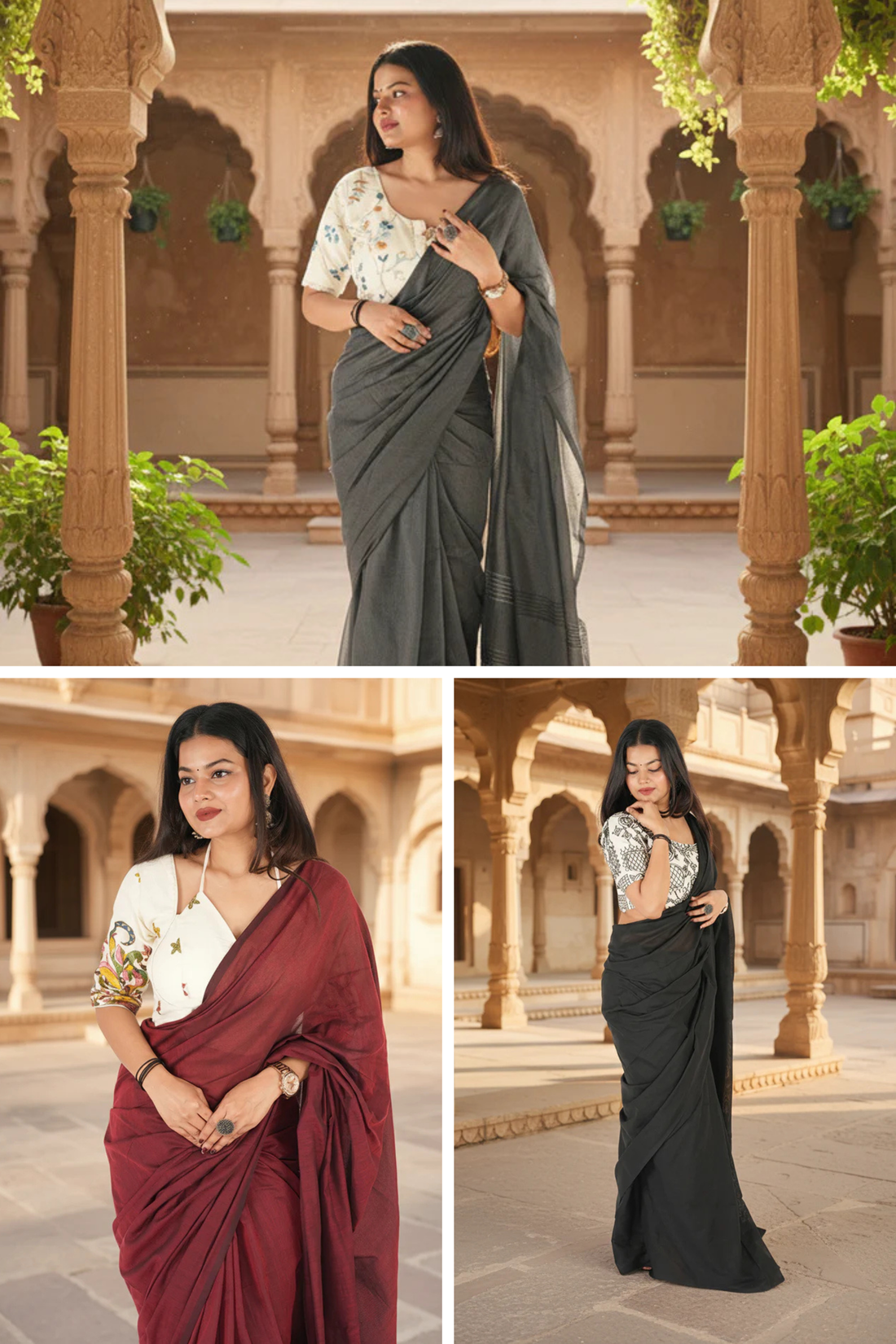 Woman in a traditional saree in an architectural setting