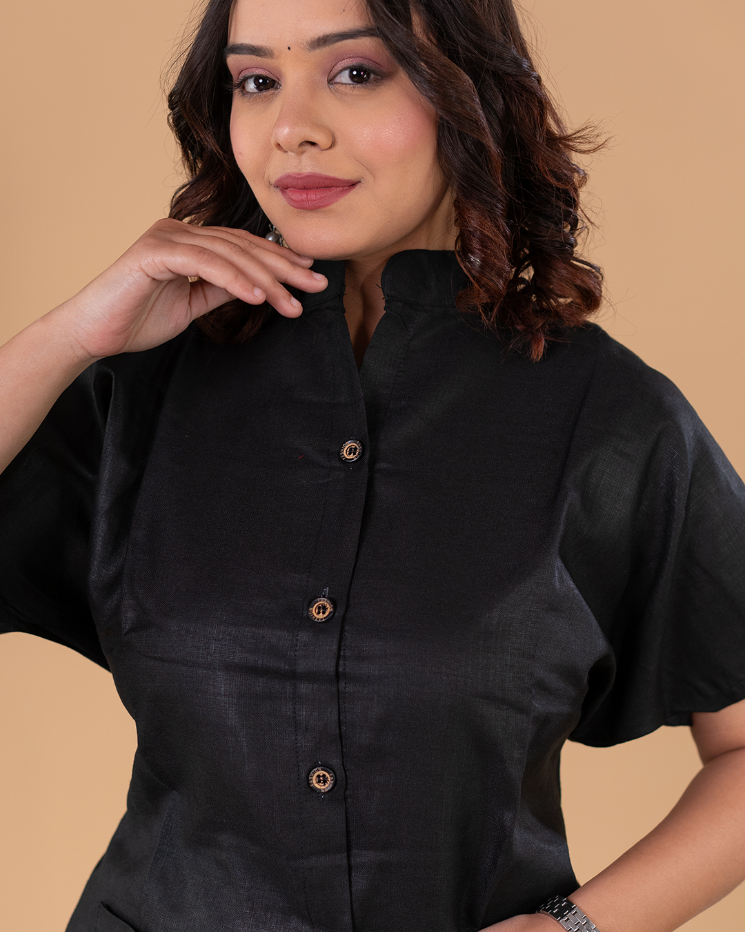 Classic Black Solid Button-Down Kurti Set with Straight Pants