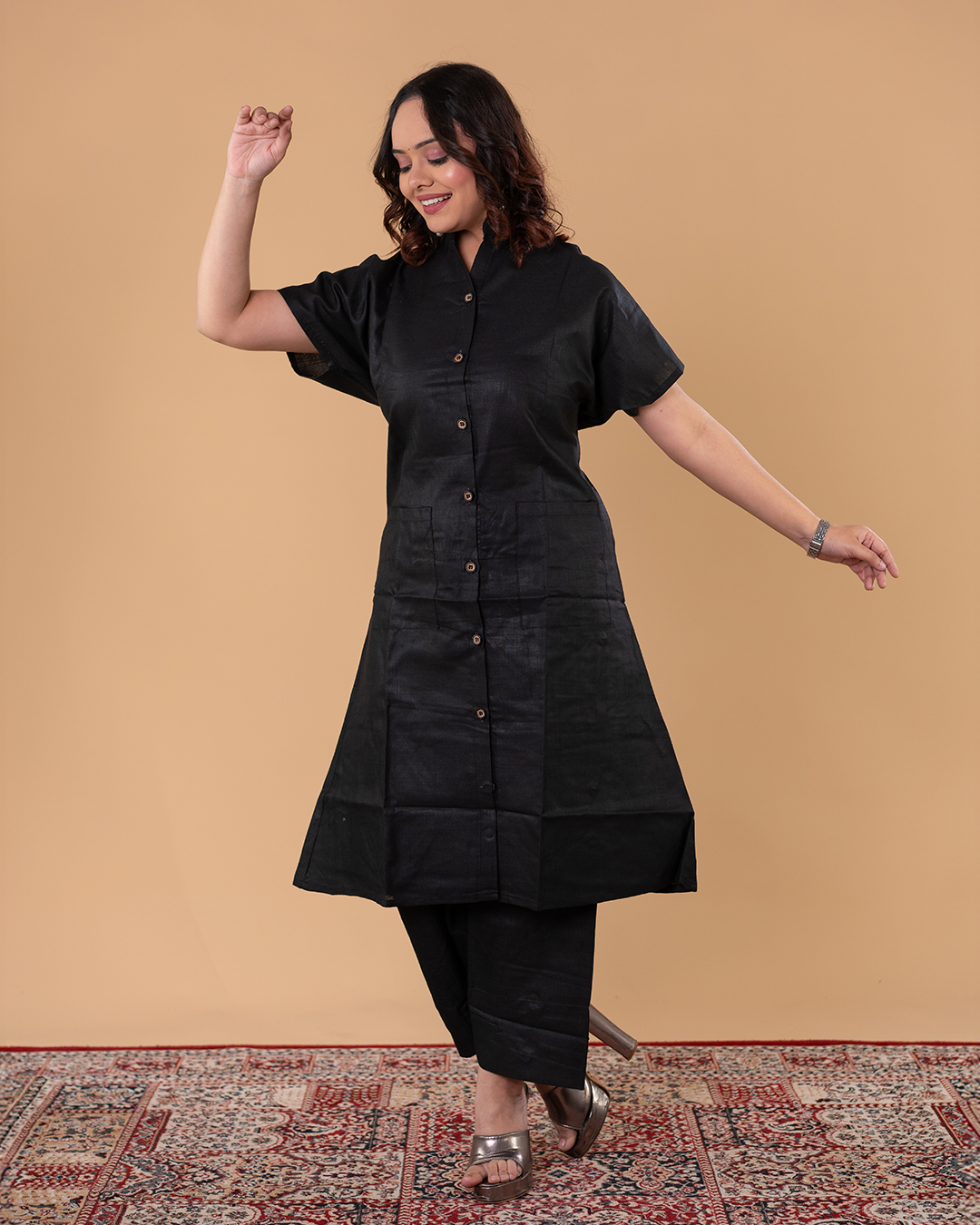 Classic Black Solid Button-Down Kurti Set with Straight Pants