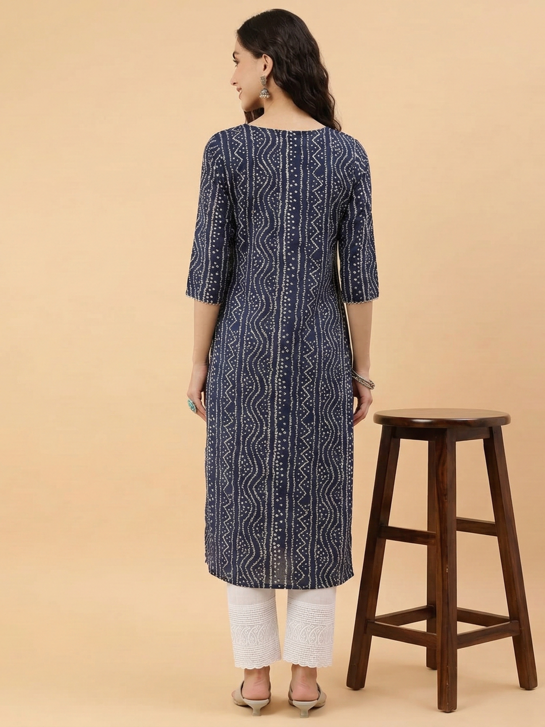 Blue Bandhani Print Straight Kurta with Tassel Detail