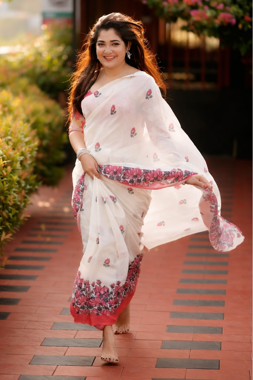 Blush Bloom Linen Cotton Saree with Floral Border