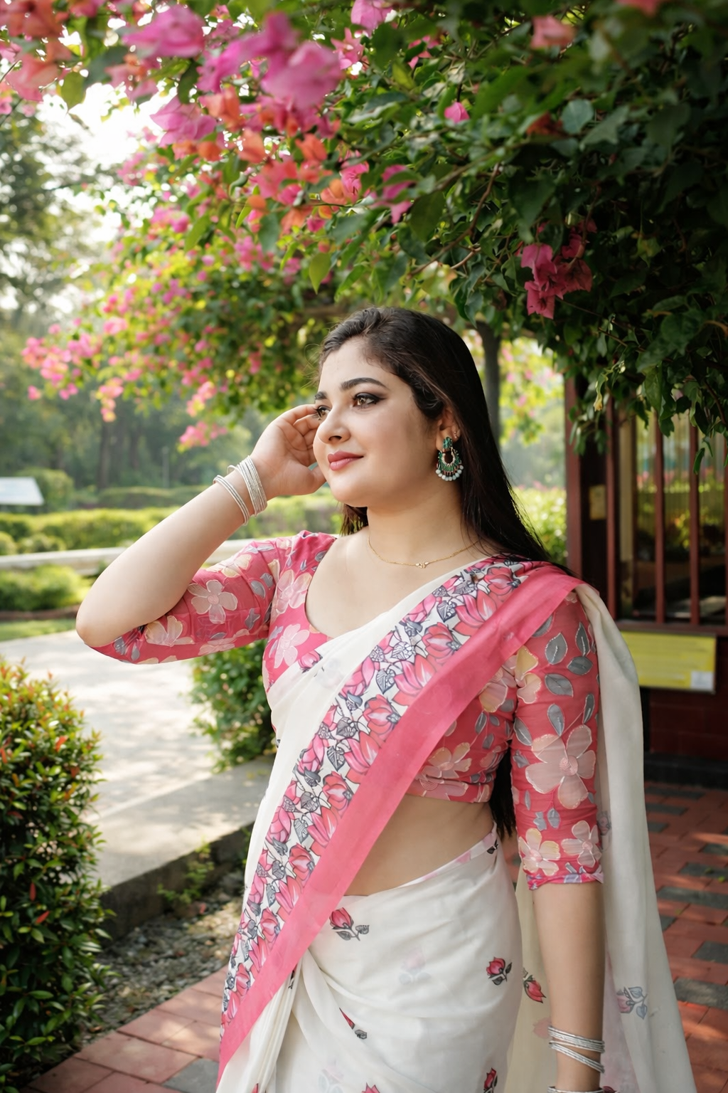 Blush Bloom Linen Cotton Saree with Floral Border