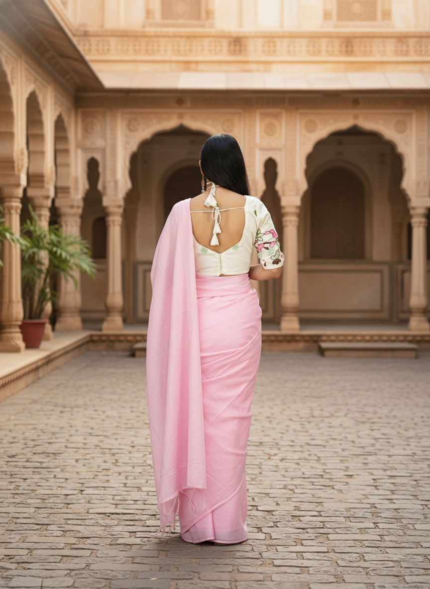 Blush Pink Khadi Cotton Saree with Embroidered & Stitched Blouse