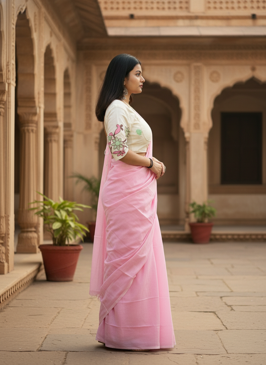 Blush Pink Khadi Cotton Saree with Embroidered & Stitched Blouse