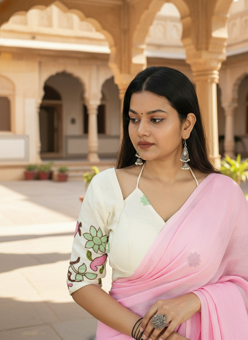 Blush Pink Khadi Cotton Saree with Embroidered & Stitched Blouse