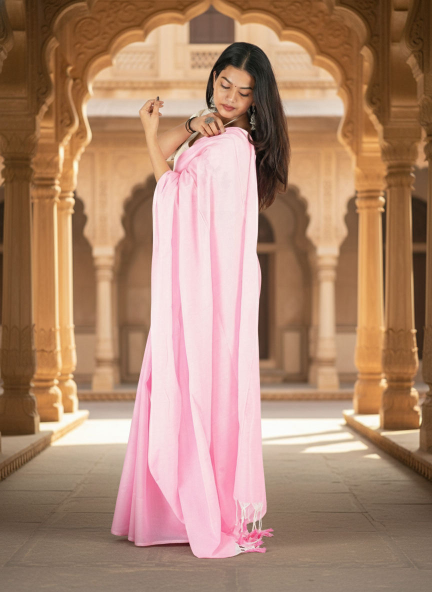 Blush Pink Khadi Cotton Saree with Embroidered & Stitched Blouse