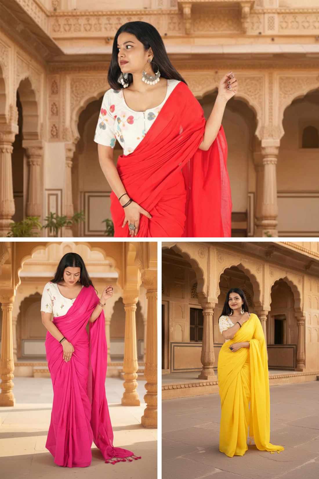 Woman wearing a red saree, pink saree, and yellow saree in front of an architectural background.