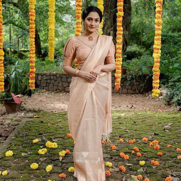 Champagne Cream Woven Silk Blend Saree with Paisley Pallu and Subtle Gold Detailing