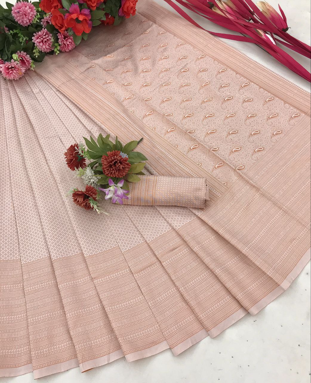 Champagne Cream Woven Silk Blend Saree with Paisley Pallu and Subtle Gold Detailing