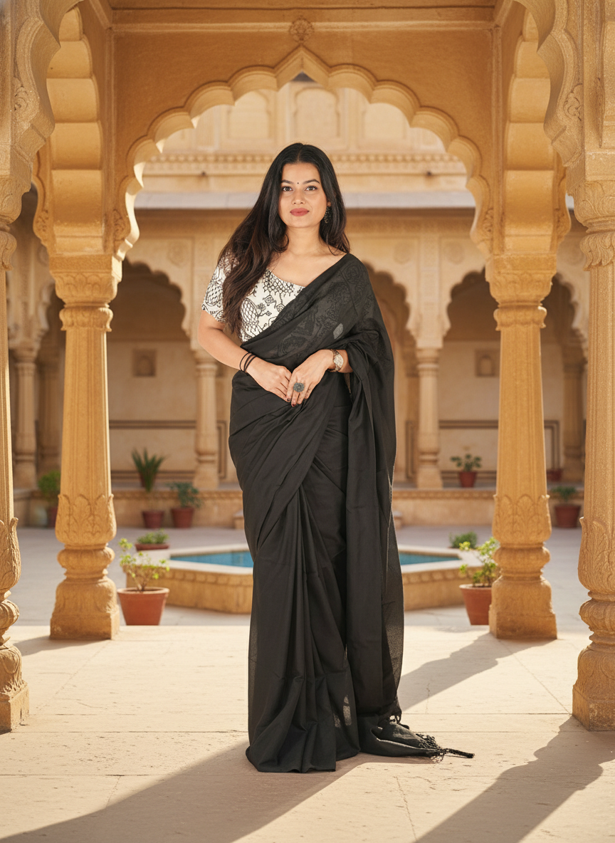 Charcoal Black Khadi Cotton Saree with Hand Embroidery & Stitched Blouse