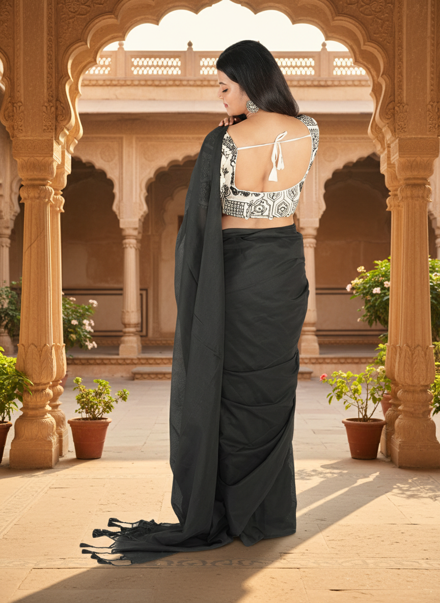 Charcoal Black Khadi Cotton Saree with Hand Embroidery & Stitched Blouse