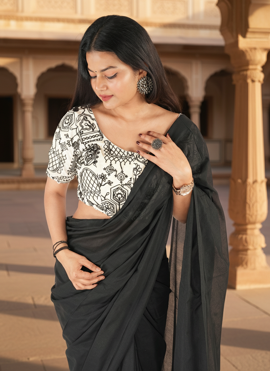 Charcoal Black Khadi Cotton Saree with Hand Embroidery & Stitched Blouse