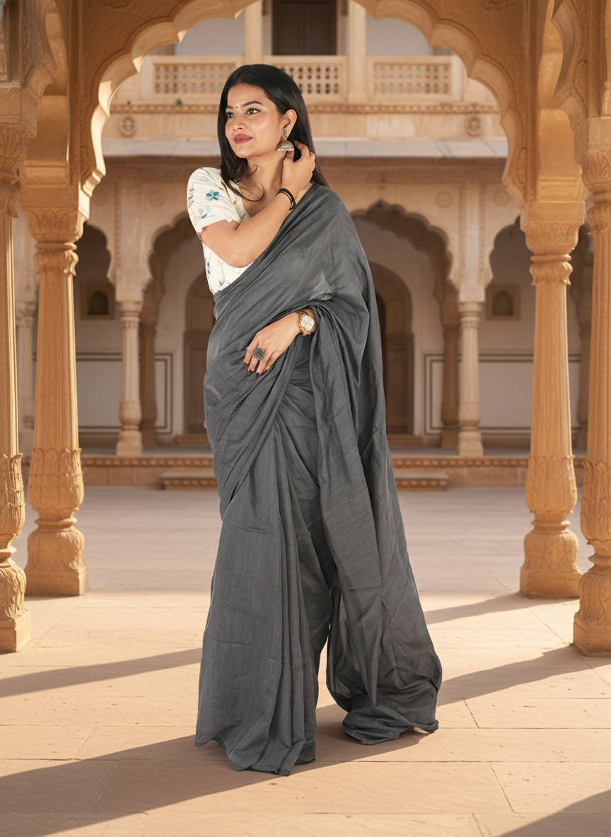 Charcoal Grey Khadi Cotton Saree with Embroidered & Stitched Blouse