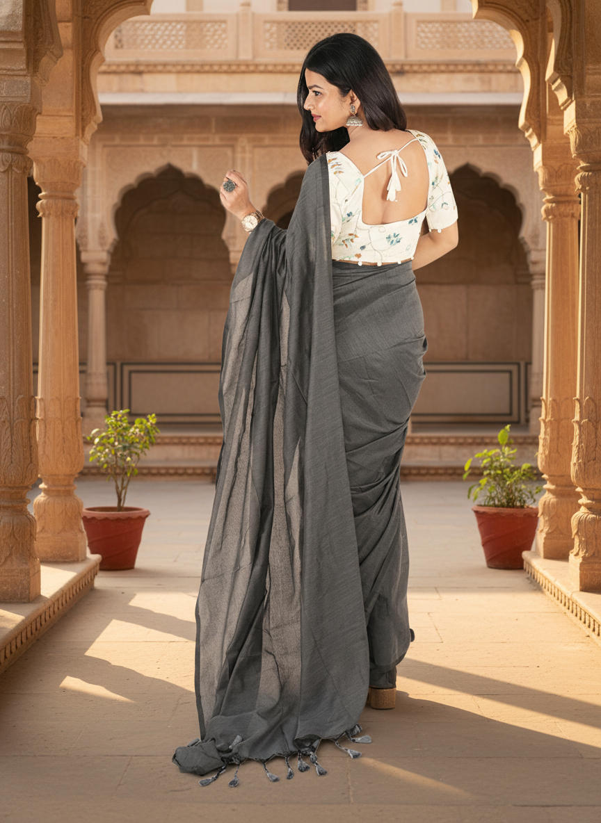 Charcoal Grey Khadi Cotton Saree with Embroidered & Stitched Blouse