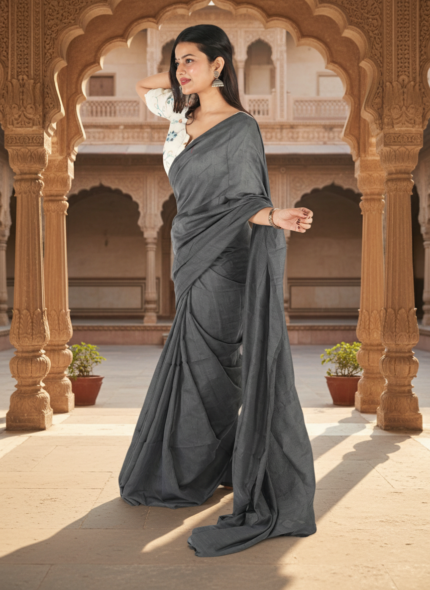 Charcoal Grey Khadi Cotton Saree with Embroidered & Stitched Blouse