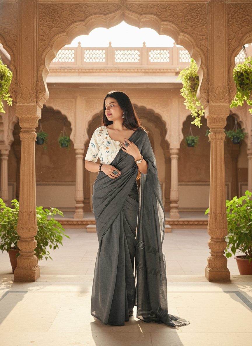 Charcoal Grey Khadi Cotton Saree with Embroidered & Stitched Blouse