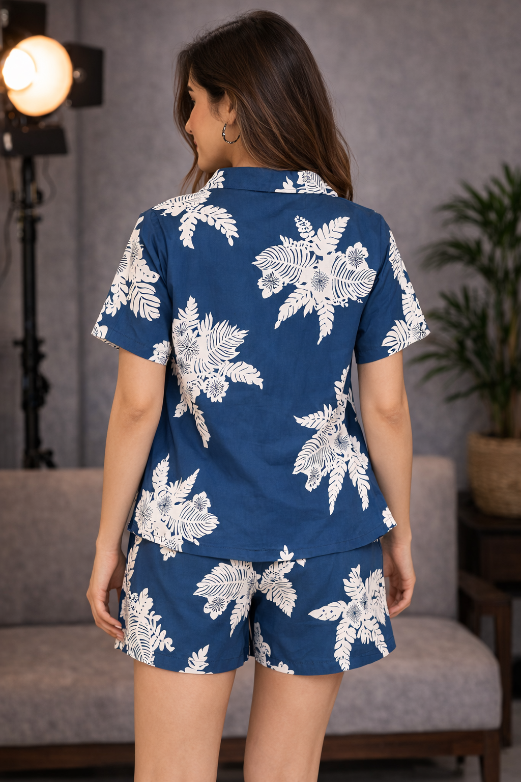 Prussian Blue & White Hibiscus Rayon Shirt and Shorts Co-ord Set