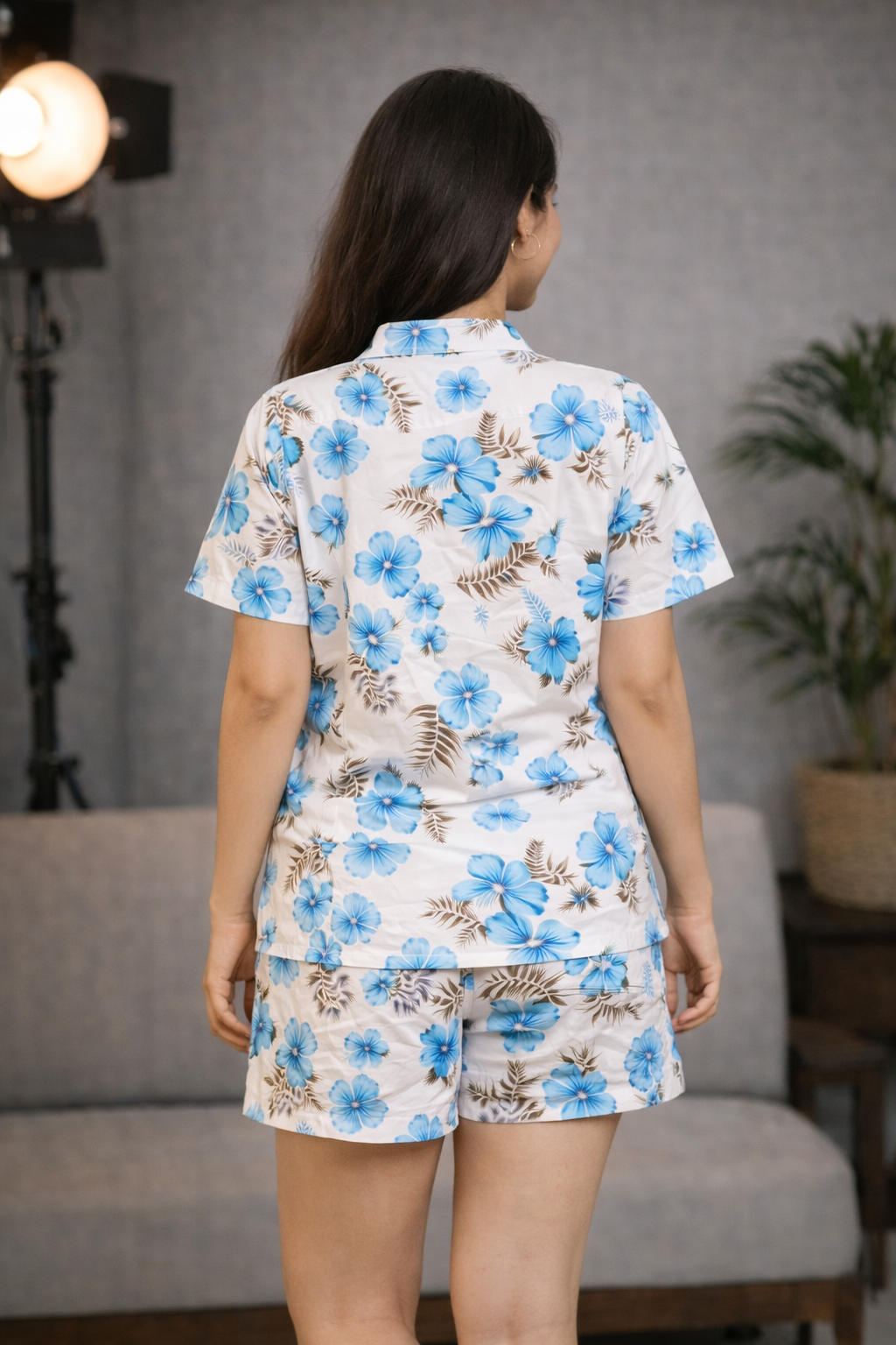 White & Sky Blue Rayon Shirt and Shorts Co-ord Set