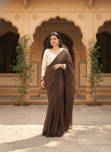 Chocolate Brown Khadi Cotton Saree with Embroidered & Stitched Blouse