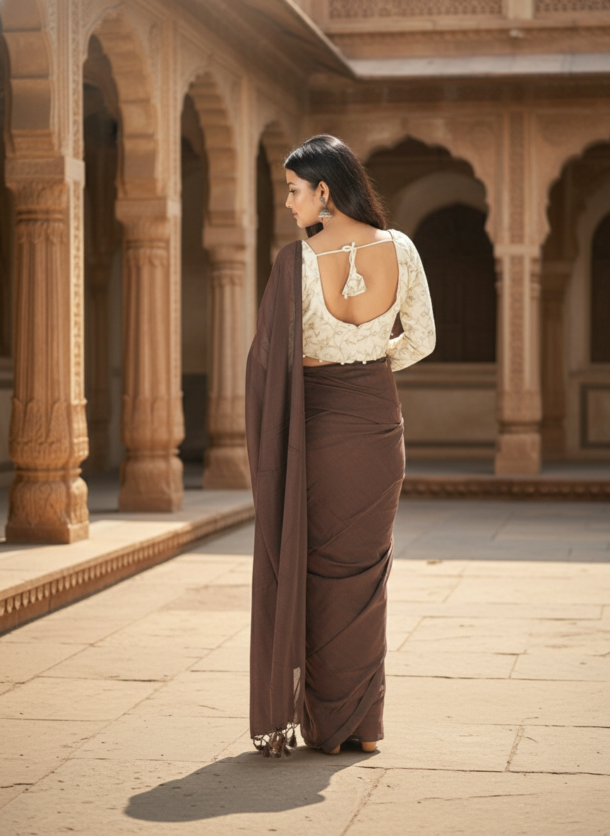 Chocolate Brown Khadi Cotton Saree with Embroidered & Stitched Blouse