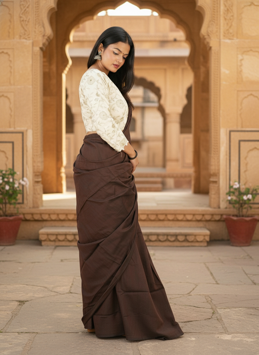 Chocolate Brown Khadi Cotton Saree with Embroidered & Stitched Blouse