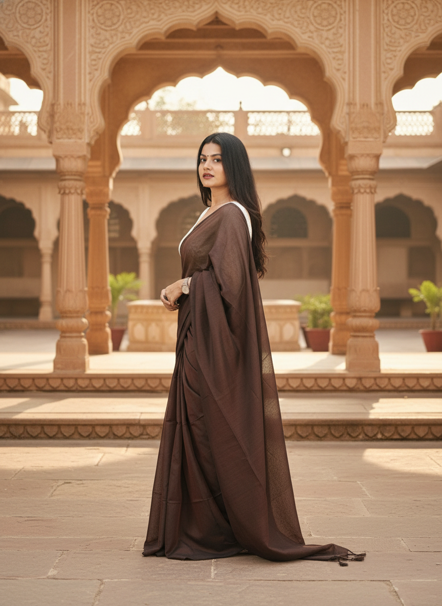 Chocolate Brown Khadi Cotton Saree with Embroidered & Stitched Blouse