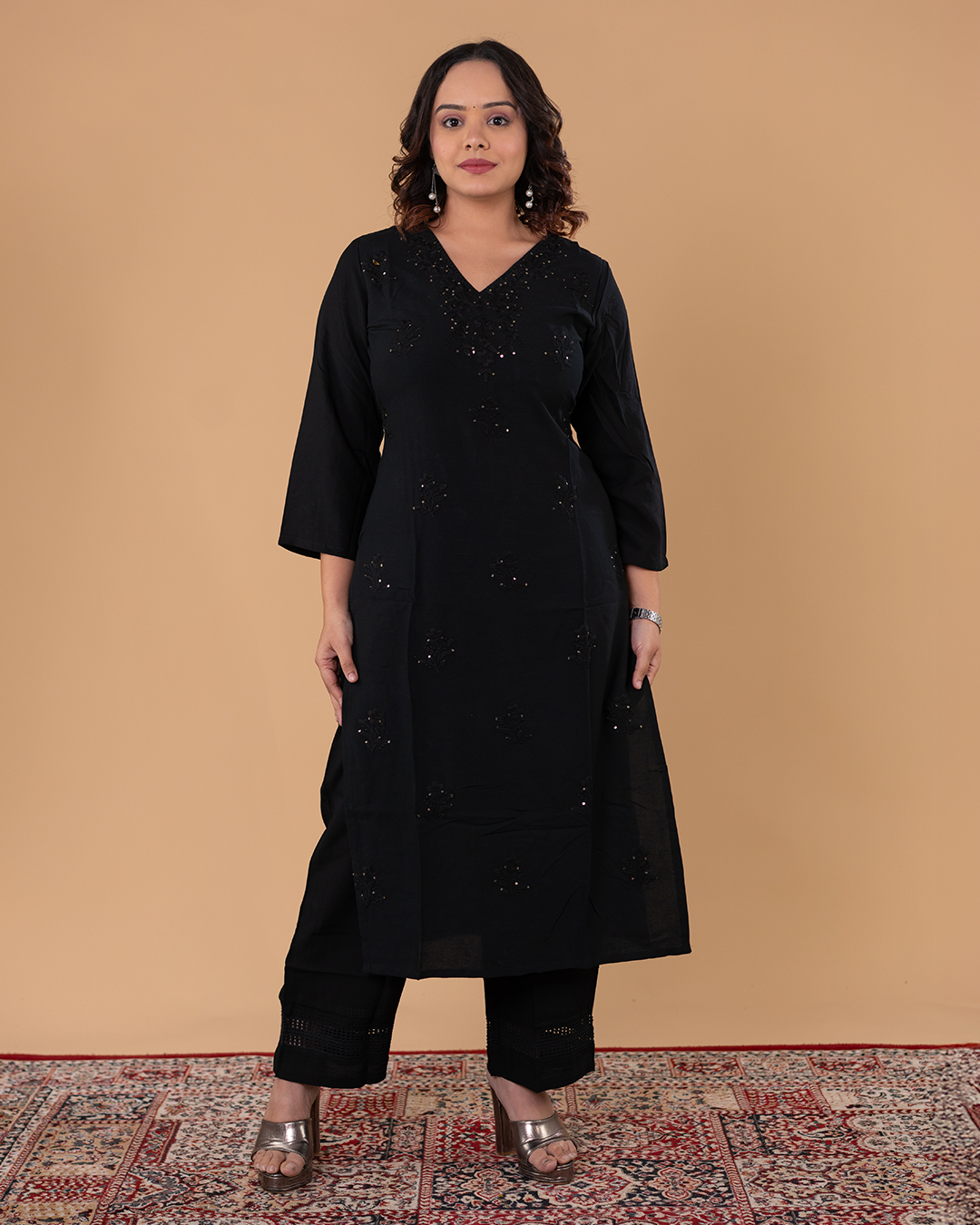 Classic Black V-Neck Kurti with Subtle Embellishment & Straight Pants