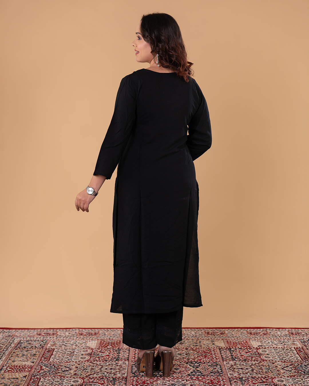 Classic Black V-Neck Kurti with Subtle Embellishment & Straight Pants