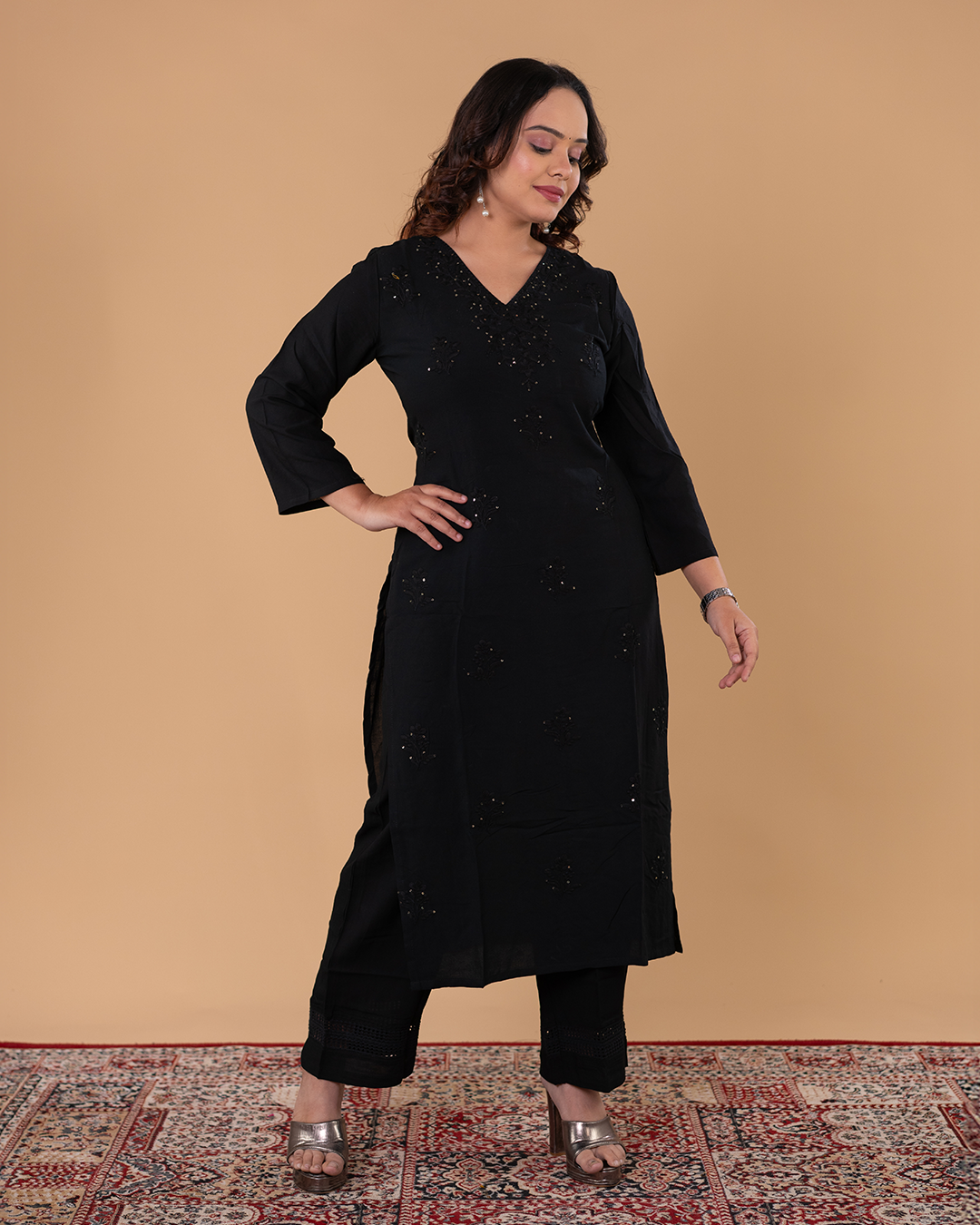 Classic Black V-Neck Kurti with Subtle Embellishment & Straight Pants