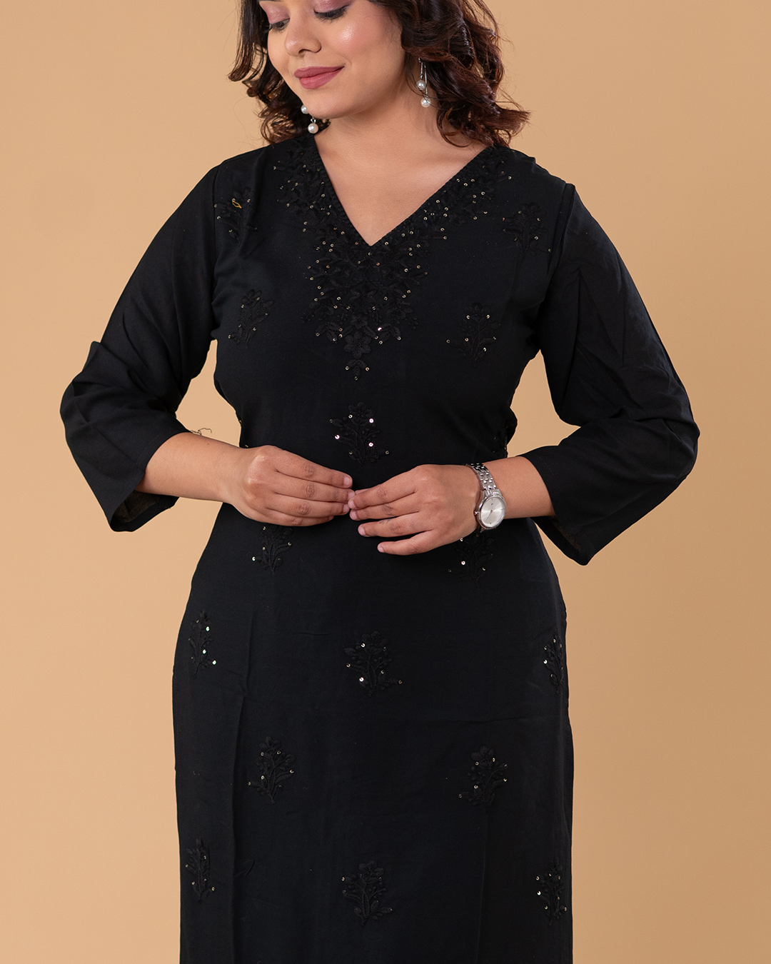 Classic Black V-Neck Kurti with Subtle Embellishment & Straight Pants