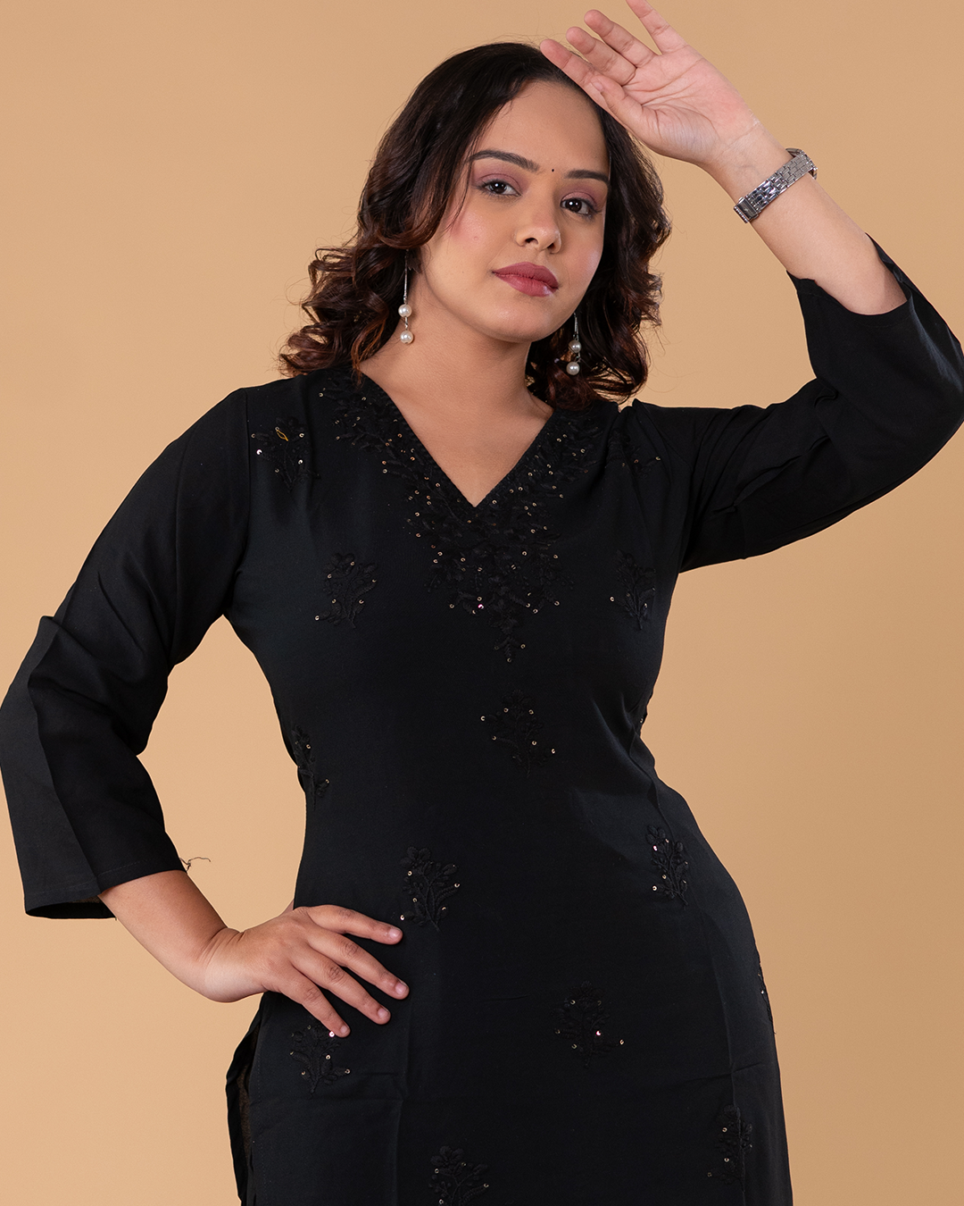 Classic Black V-Neck Kurti with Subtle Embellishment & Straight Pants