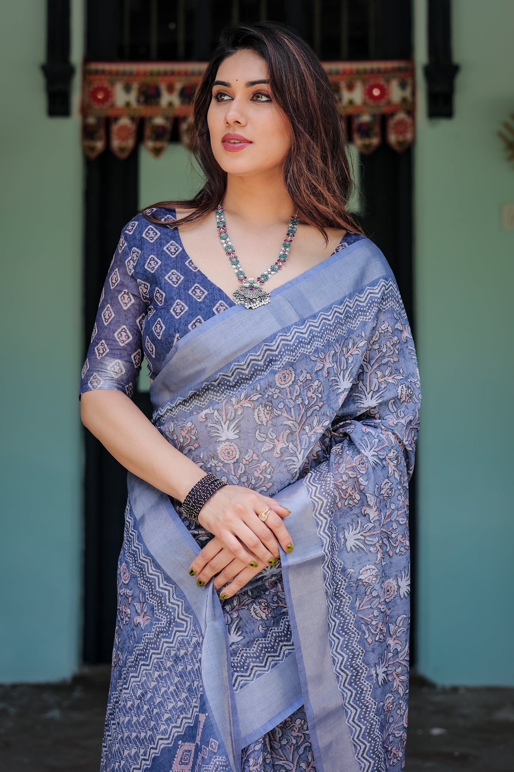 Elegant Dusty Blue Linen Cotton Saree with Ethnic Floral & Artistic Border