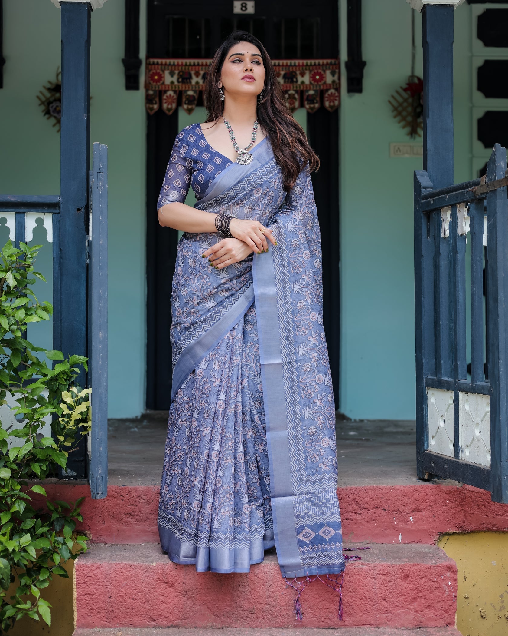 Elegant Dusty Blue Linen Cotton Saree with Ethnic Floral & Artistic Border