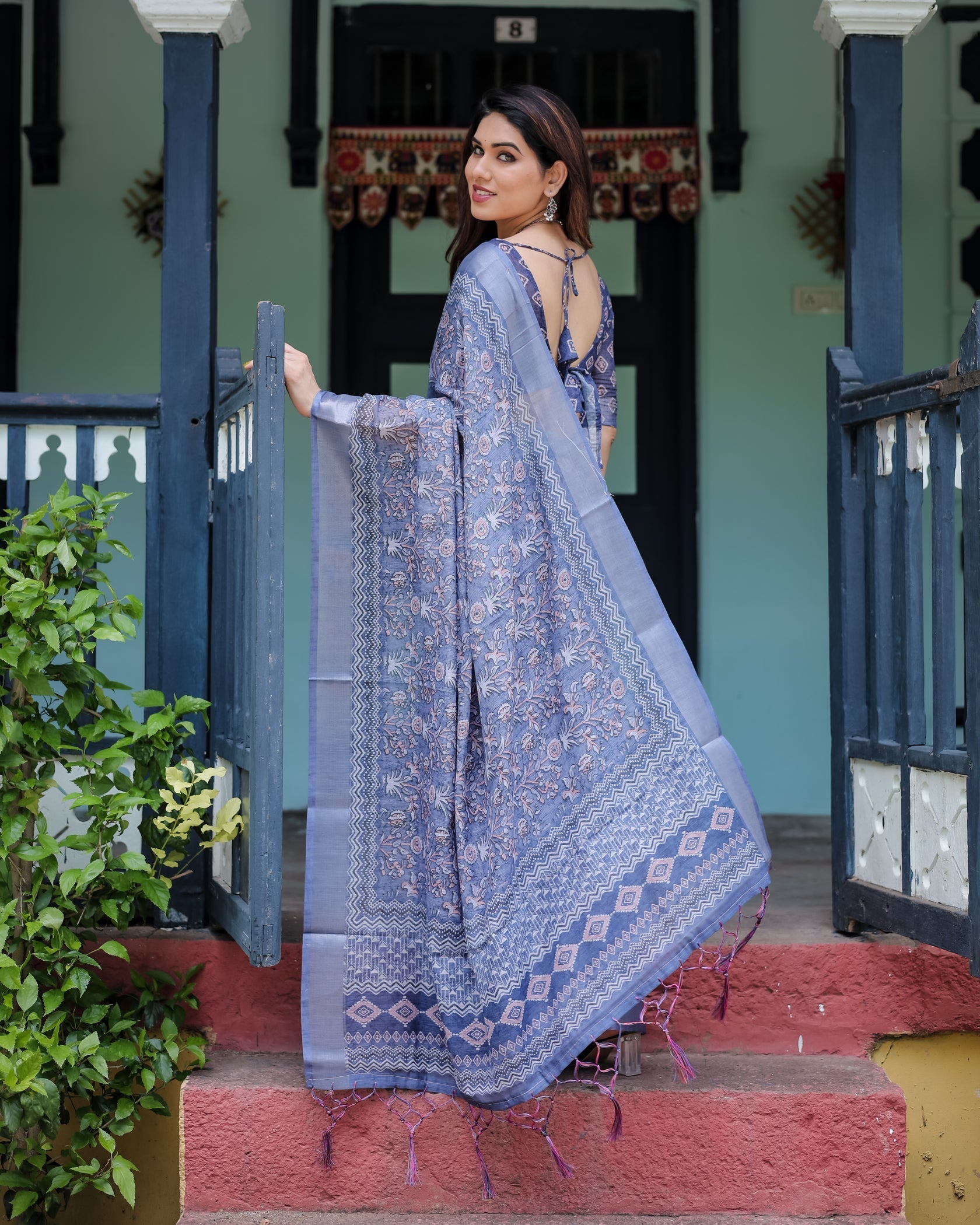 Elegant Dusty Blue Linen Cotton Saree with Ethnic Floral & Artistic Border